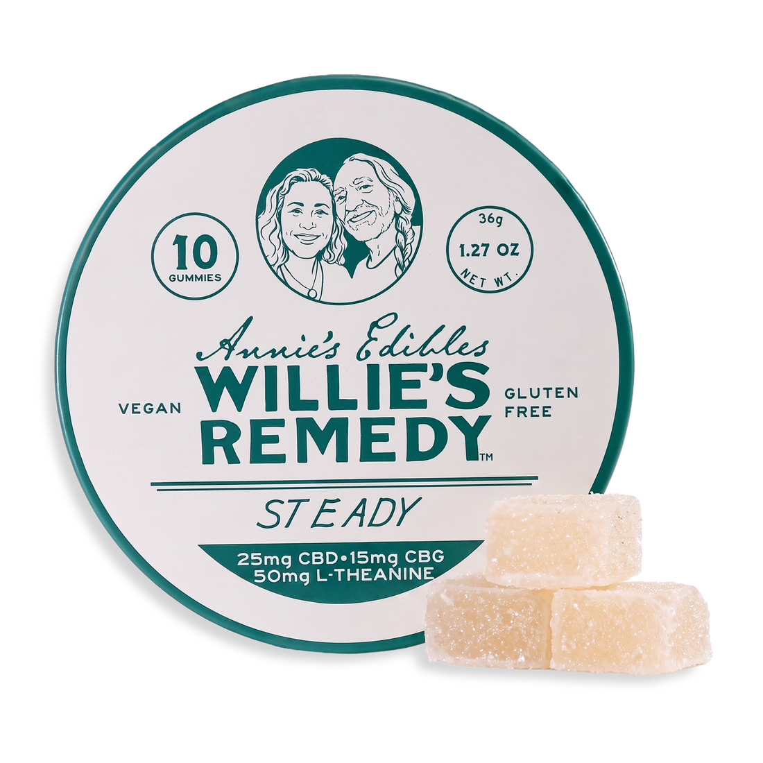 Annie's Edibles x Willie's Remedy Steady CBD gummies tin with gummies beside it