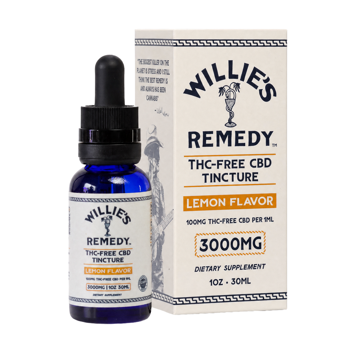 Willie's THC-Free CBD tincture, lemon, 3000mg, bottle and box