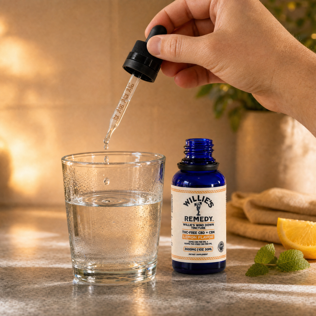 Willie's Wind Down Full-Spectrum CBD + CBN tincture, lemon, 3600mg, bottle and box