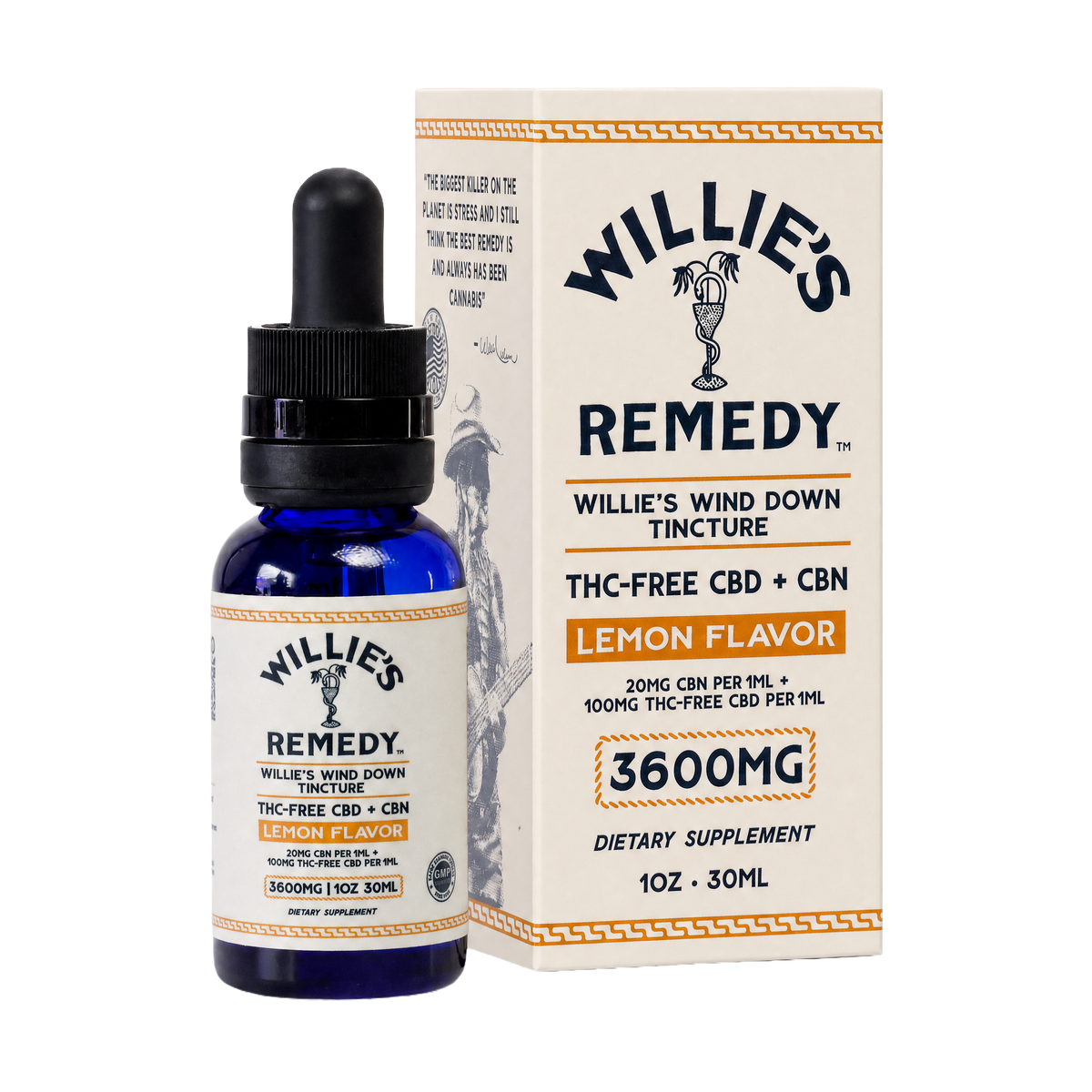 Willie's Wind Down THC-Free CBD + CBN tincture, lemon, 3600mg, bottle and box