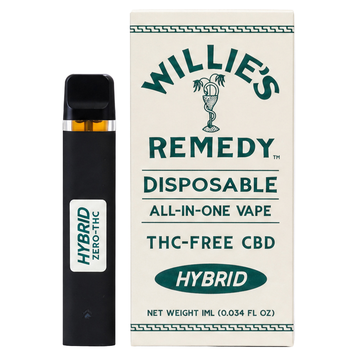 Willie's Remedy THC-Free CBD disposable vape, Hybrid, with box