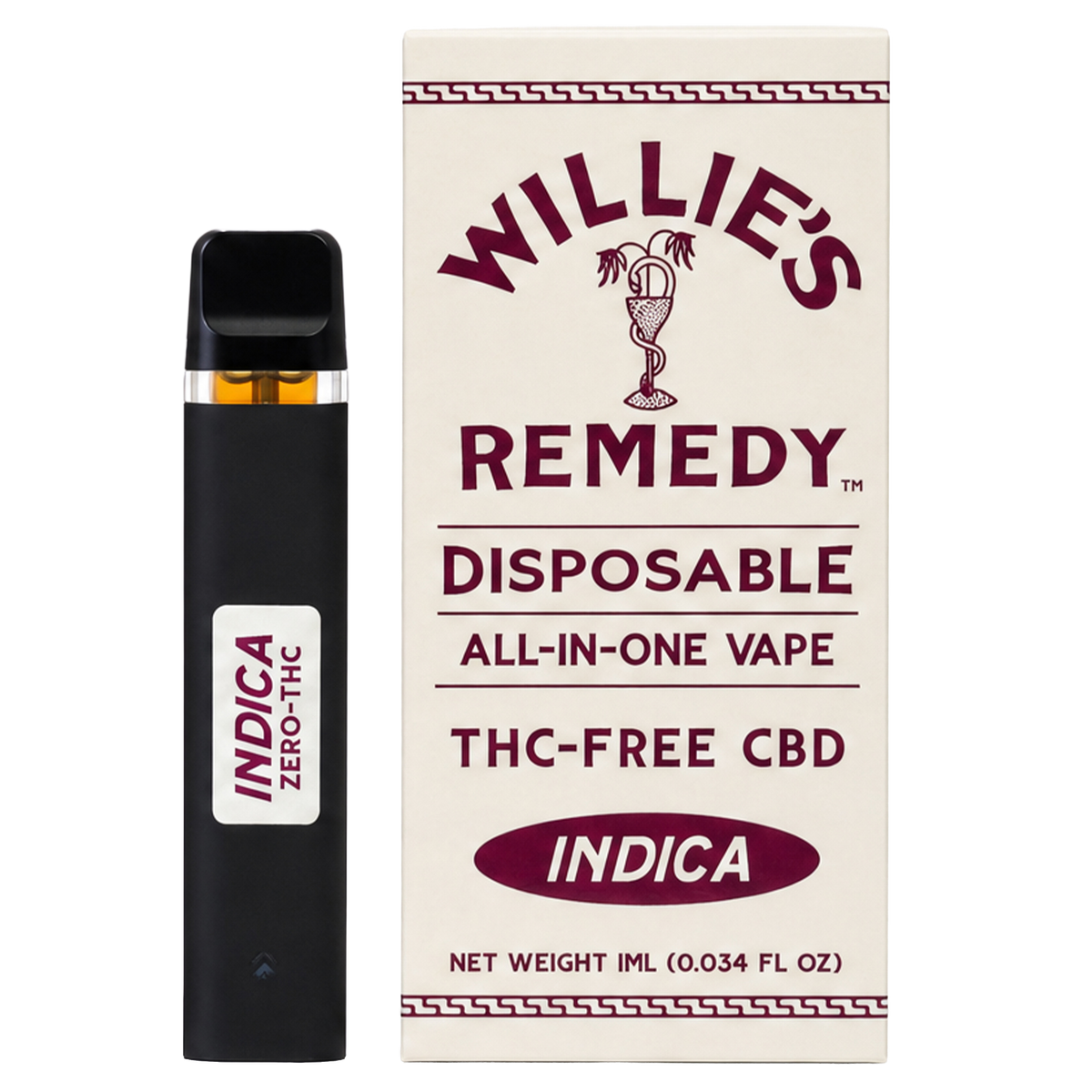 Willie's Remedy THC-Free CBD disposable vape, Indica, with box