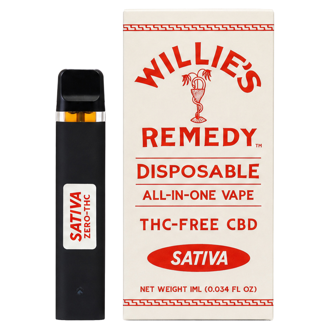 Willie's Remedy THC-Free CBD disposable vape, Sativa, with box