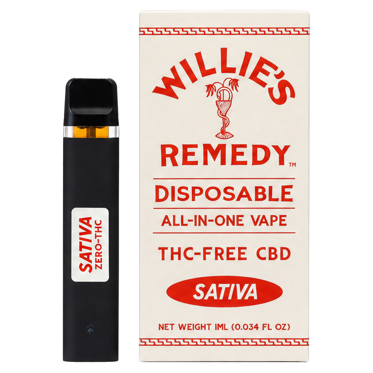 Willie's Remedy THC-Free CBD disposable vape, Sativa, with box