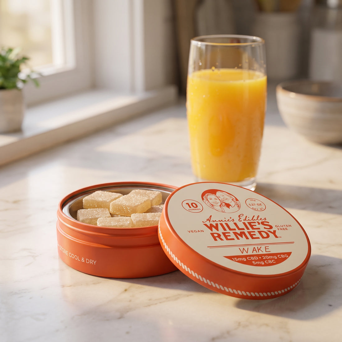 Annie's Edibles x Willie's Remedy Wake CBD gummies tin with gummies beside it