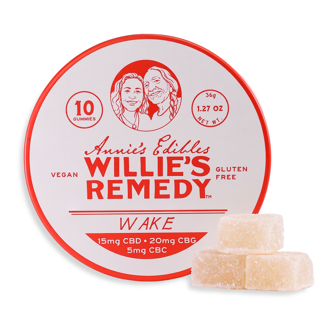 Annie's Edibles x Willie's Remedy Wake CBD gummies tin with gummies beside it