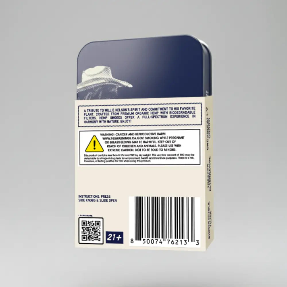 Back of the Willie's Remedy Hemp Smokes tin with warning label and barcode
