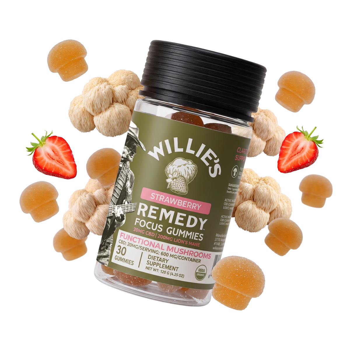 Willie's Remedy Focus CBD mushroom gummies jar with lion's mane mushrooms and strawberries