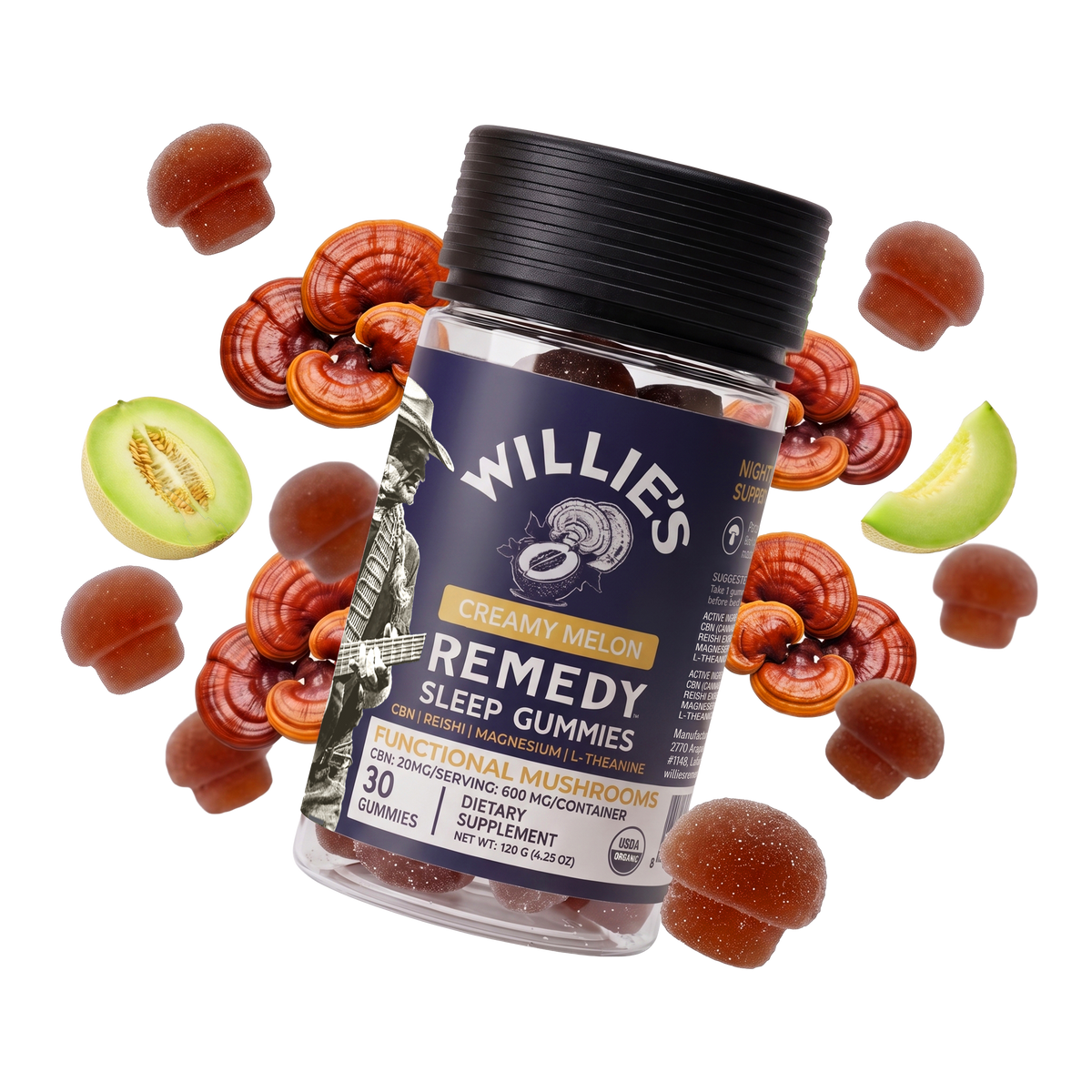 Willie's Remedy Sleep CBD mushroom gummies jar with reishi mushrooms and melon