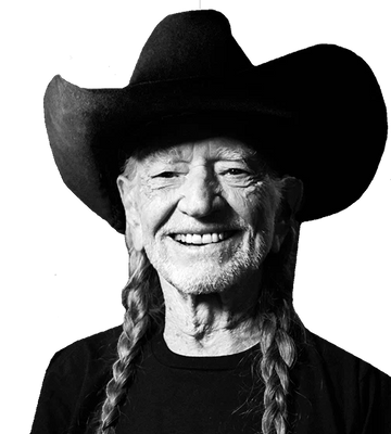 Black and white portrait of Willie Nelson smiling in a cowboy hat