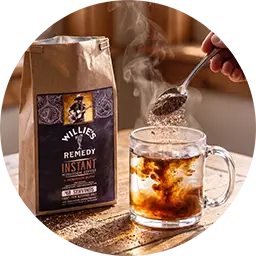 Pouring Willie's Remedy CBD coffee over ice next to the bag