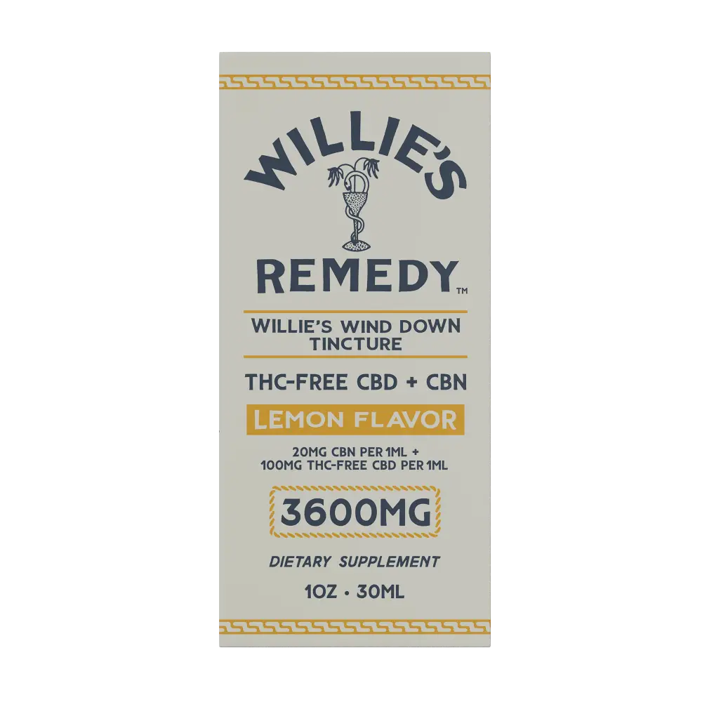 Box for Willie's Wind Down THC-Free CBD + CBN tincture, lemon, 3600mg
