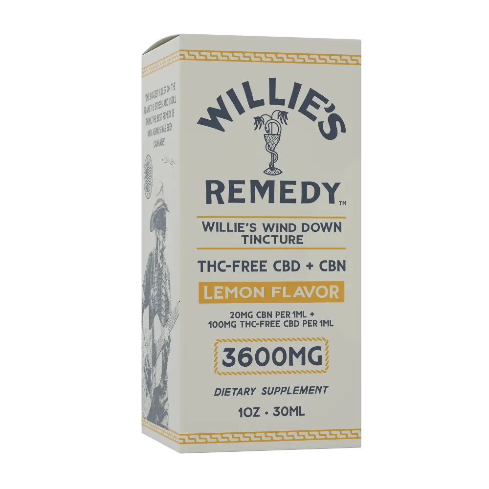 Willie's Wind Down THC-Free tincture box, angled front view