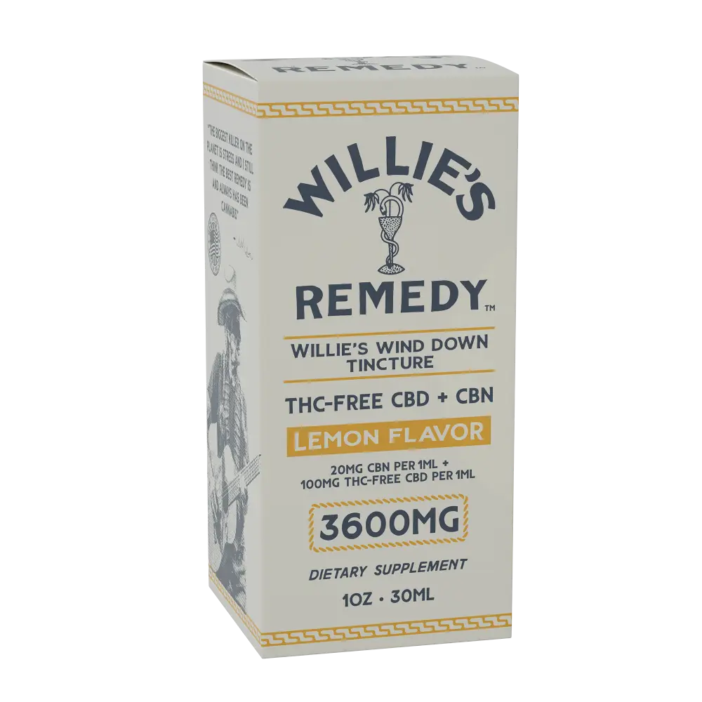 Willie's Wind Down THC-Free tincture box, rear angled view