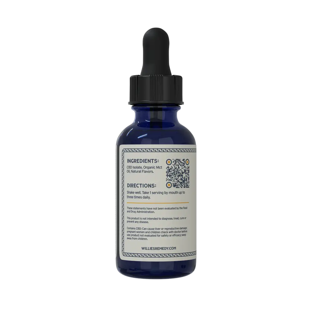 Back of the THC-Free CBD tincture bottle with ingredients and QR code