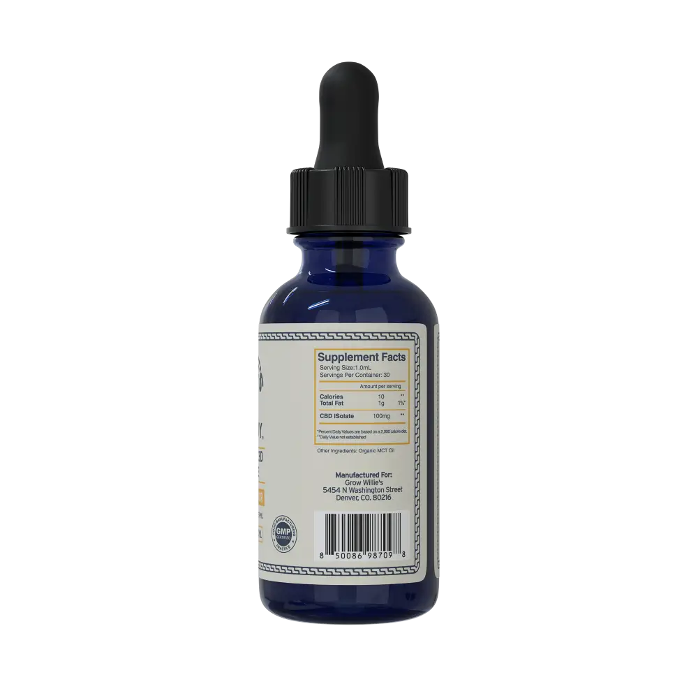Side of the THC-Free CBD tincture bottle with supplement facts