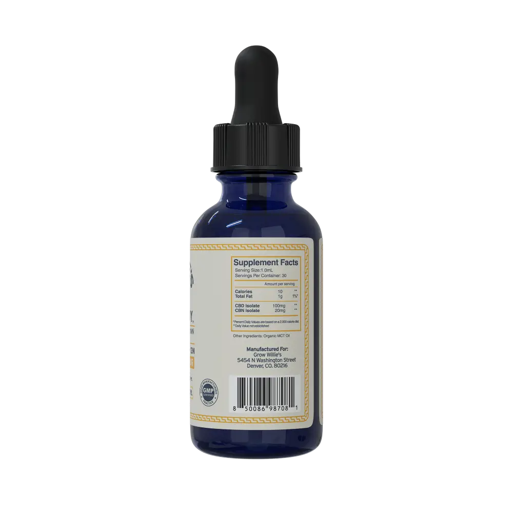 Side of the Wind Down THC-Free tincture bottle with supplement facts