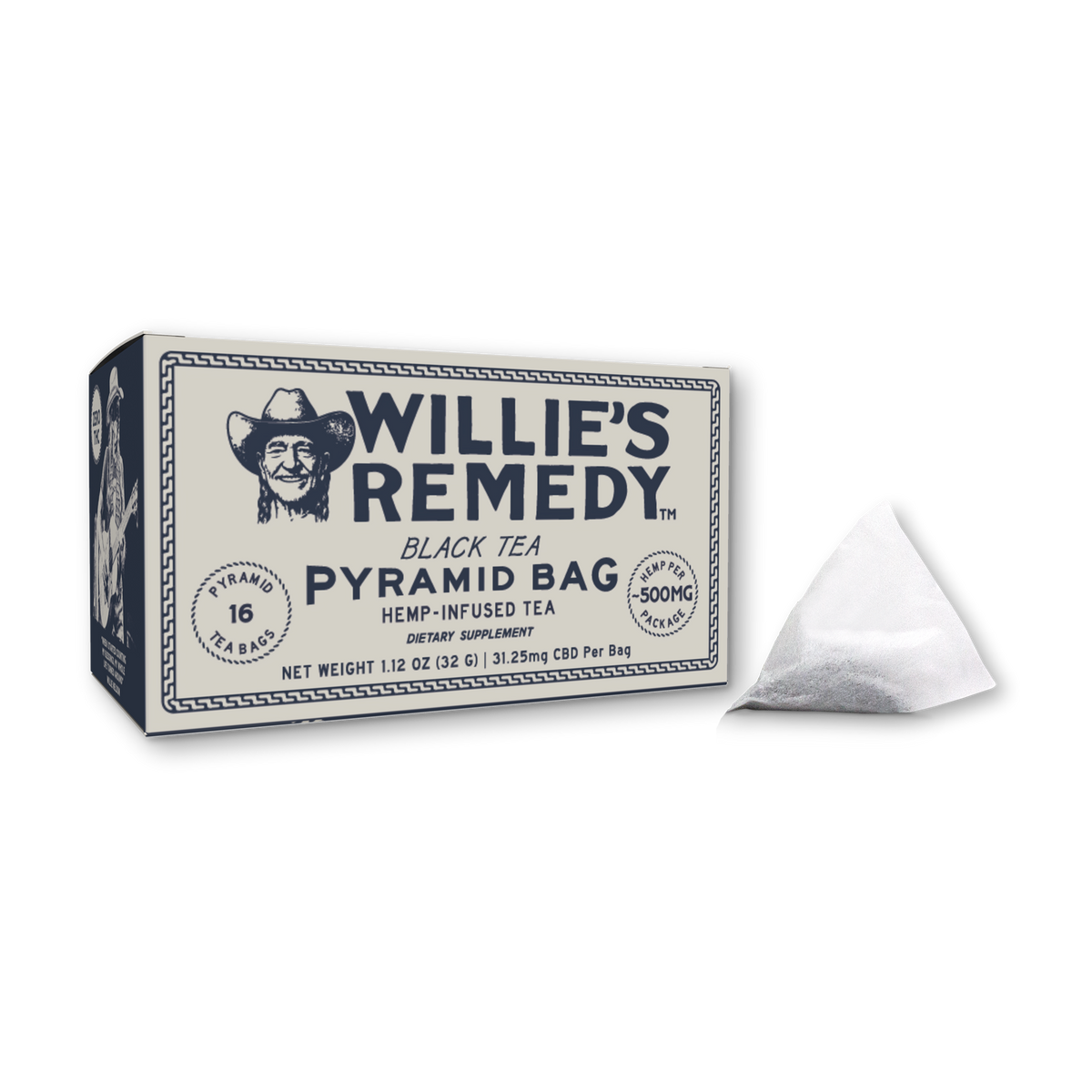 Willie's Remedy Black Tea box of hemp-infused pyramid tea bags