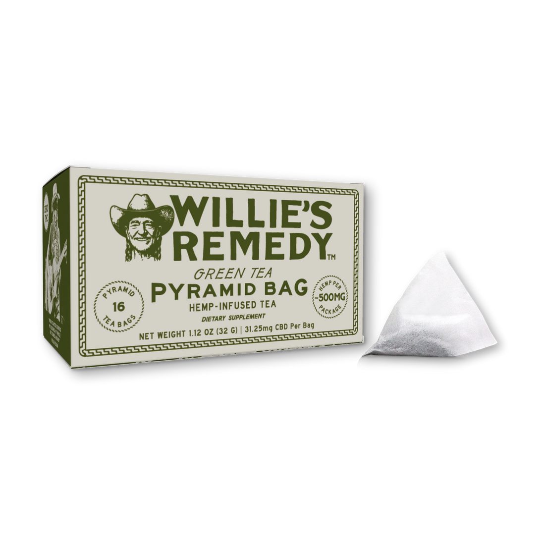 Willie's Remedy Green Tea box of hemp-infused pyramid tea bags