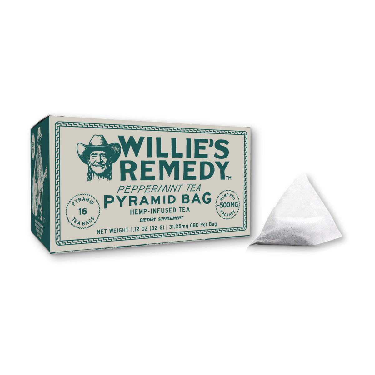 Willie's Remedy Peppermint Tea box of hemp-infused pyramid tea bags